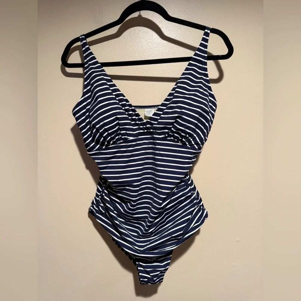 Garnet Hill Navy & White Striped V‑Neck One‑Piece Swimsuit
